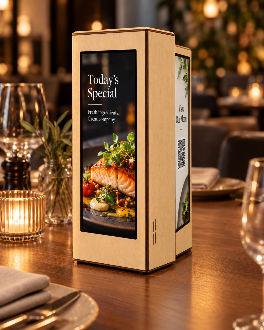 Carcasă slim dreptunghiulară cu două ecrane, poziționată pe masa unui restaurant